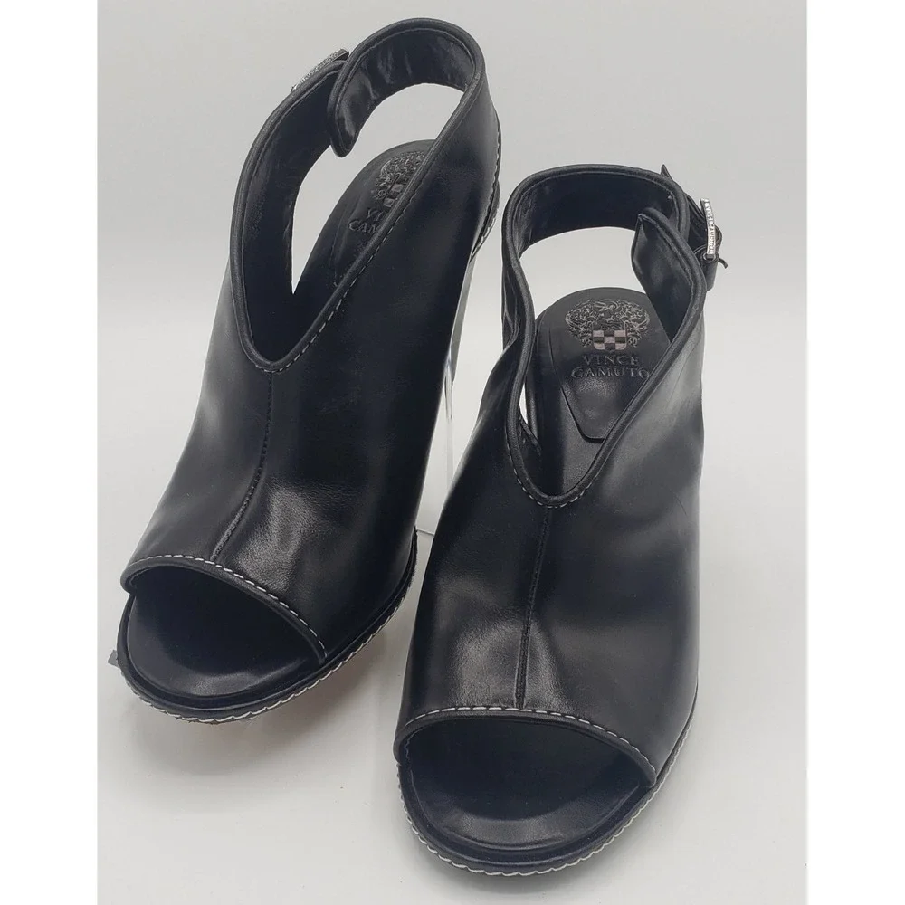 Vince Camuto Fandree Slingback Sandal Heel Peep Toe Buckle Black Leather Sz 8.5